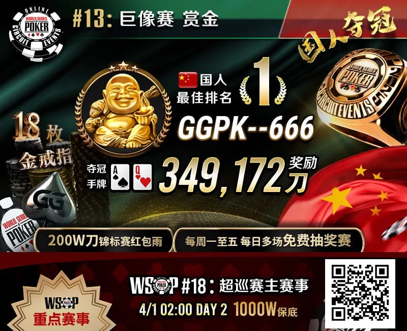 【ACR扑克】素人圆梦WSOP！中国选手GGPK&#8211;666斩获巨像赛金戒指，奖励＋赏金近35W刀！