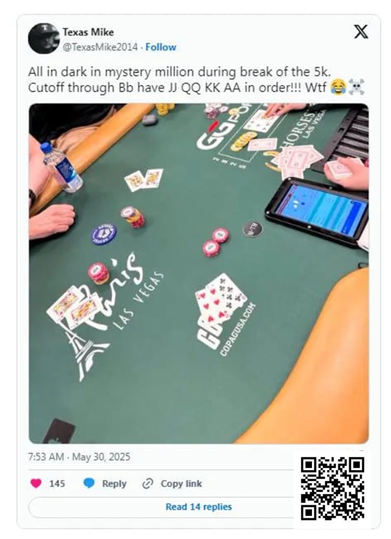 【ACR扑克】WSOP的神奇时刻：Michael Moncek在盲注位全下，没想到身后有JJ、QQ、KK和AA