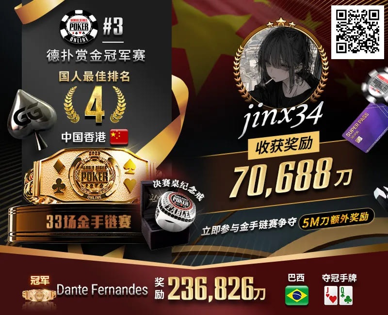 【ACR扑克】WSOP线上金手链｜茅人及斩获赏金赛冠军！中国香港选手“jinx34”夺#4第四名佳绩