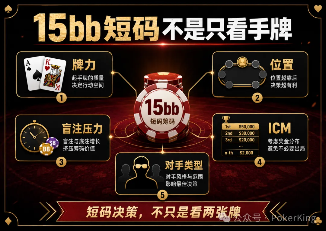【ACR扑克】决赛桌剩15bb拿到AK,推还是加注?短码决策不是看牌力,是看这五件事