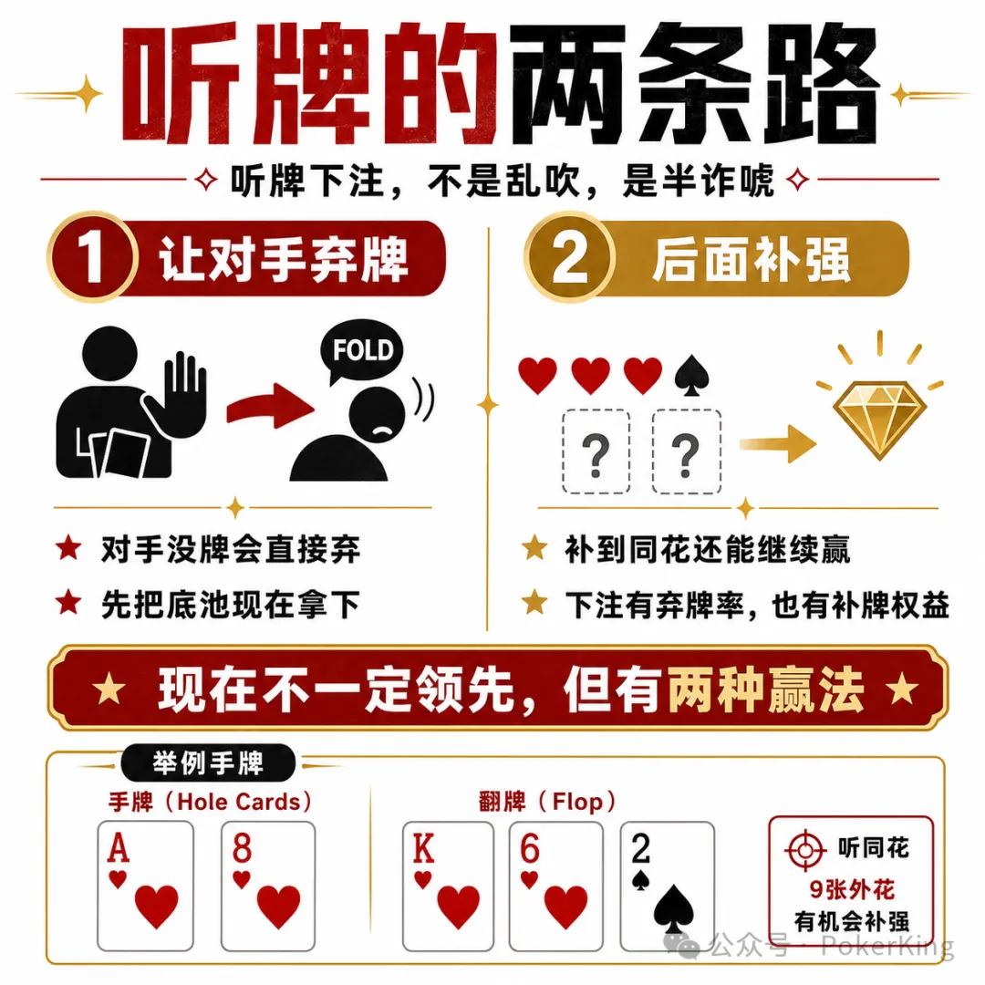 【ACR扑克】听牌到底该不该下注？记住这八个字：单挑就打，人多就缩